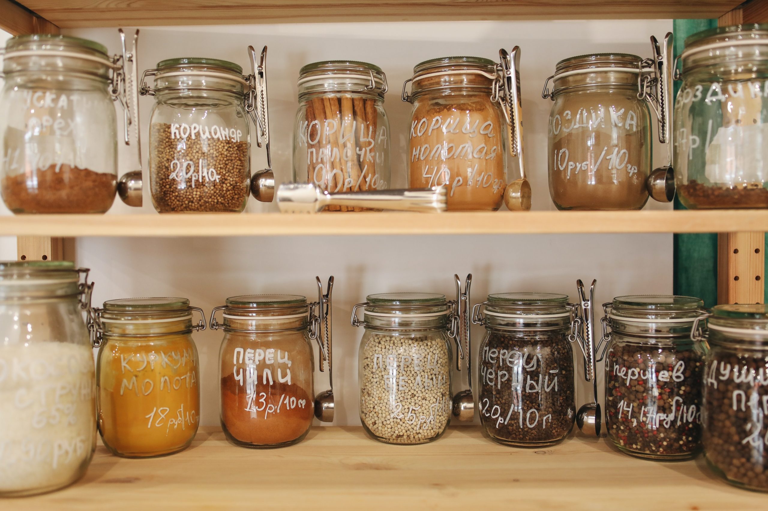 image of mason jars on a storage shelf in the kitchen